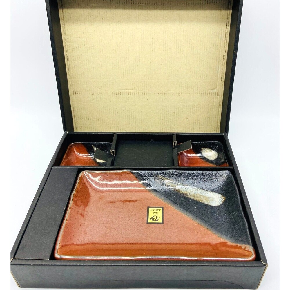NEW IN BOX SUSHI SET FOR TWO STONEWARE SAI JAPAN RUST BROWN COLOR HAND PAINTED